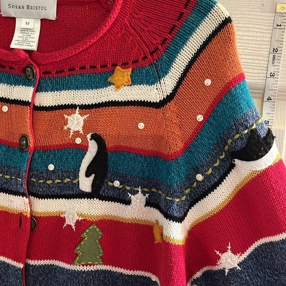 VTG-Susan Bristol-M-Christmas, penguin, embroidered,button-down Cardigan sweater - Picture 5 of 13